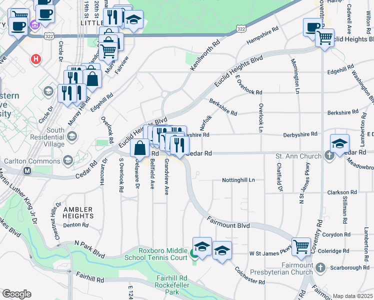 map of restaurants, bars, coffee shops, grocery stores, and more near 2500 Derbyshire Road in Cleveland Heights