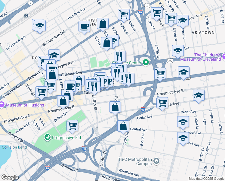 map of restaurants, bars, coffee shops, grocery stores, and more near 2051 Euclid Avenue in Cleveland