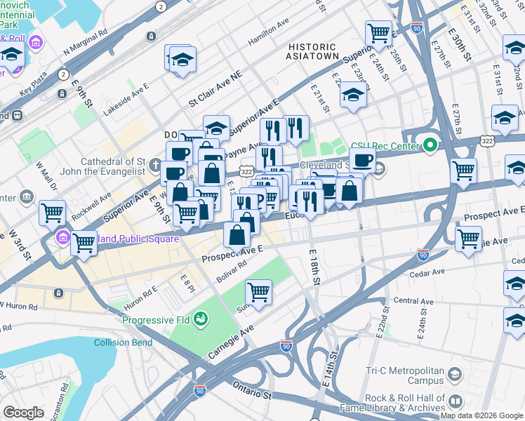map of restaurants, bars, coffee shops, grocery stores, and more near 1511 Euclid Avenue in Cleveland