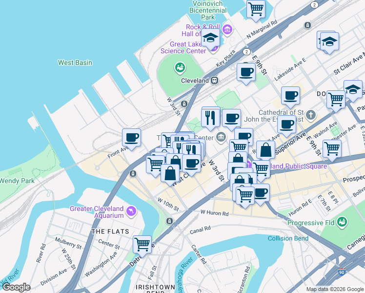 map of restaurants, bars, coffee shops, grocery stores, and more near 300 West Lakeside Avenue in Cleveland