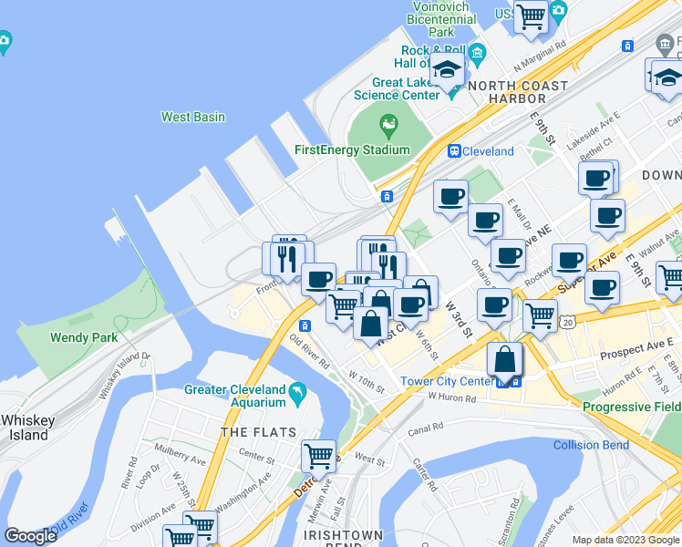 map of restaurants, bars, coffee shops, grocery stores, and more near 1151 West 9th Street in Cleveland