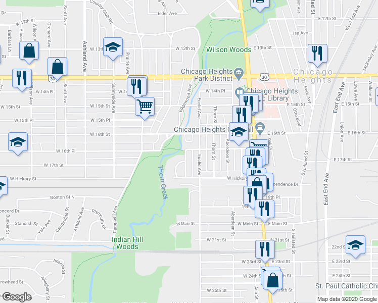 map of restaurants, bars, coffee shops, grocery stores, and more near 120 West 16th Street in Chicago Heights