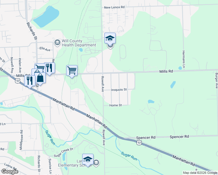 map of restaurants, bars, coffee shops, grocery stores, and more near 1217 Chippewa Street in Joliet