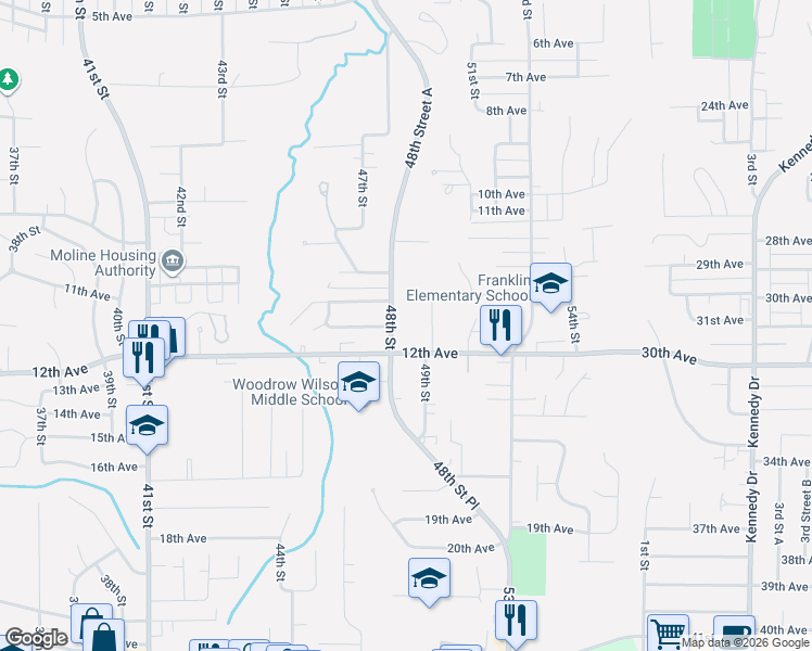 map of restaurants, bars, coffee shops, grocery stores, and more near 1136 48th Street in Moline