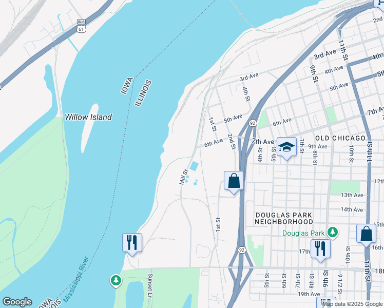 map of restaurants, bars, coffee shops, grocery stores, and more near 700 Mill Street in Rock Island