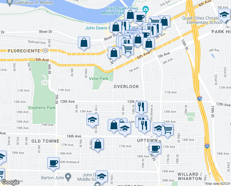 map of restaurants, bars, coffee shops, grocery stores, and more near 1108 12th Street in Moline