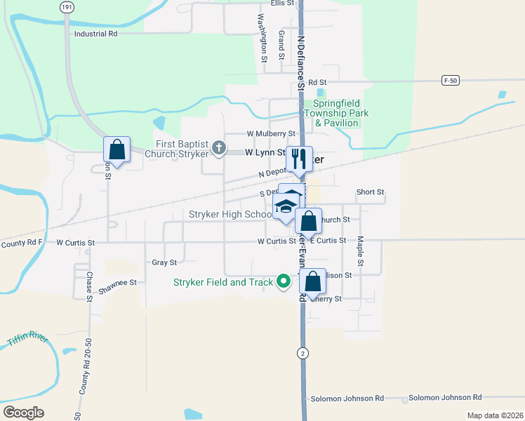 map of restaurants, bars, coffee shops, grocery stores, and more near 201-211 South Depot Street in Stryker