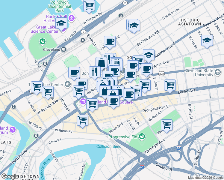 map of restaurants, bars, coffee shops, grocery stores, and more near 1455 East 6th Street in Cleveland