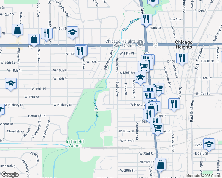 map of restaurants, bars, coffee shops, grocery stores, and more near 120 West 16th Street in Chicago Heights