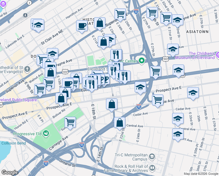 map of restaurants, bars, coffee shops, grocery stores, and more near 2030 Euclid Avenue in Cleveland