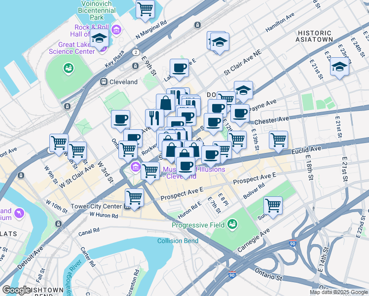 map of restaurants, bars, coffee shops, grocery stores, and more near 614 West Superior Avenue in Cleveland