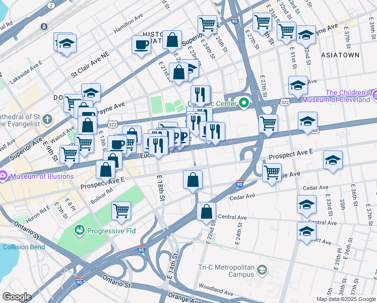map of restaurants, bars, coffee shops, grocery stores, and more near 2030 Euclid Avenue in Cleveland