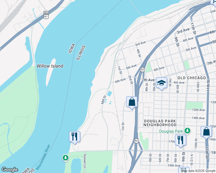 map of restaurants, bars, coffee shops, grocery stores, and more near 700 Mill Street in Rock Island