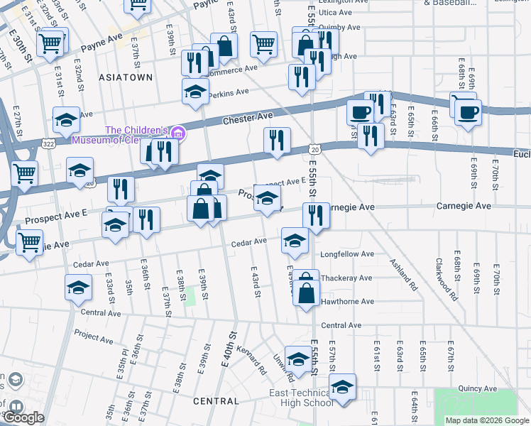 map of restaurants, bars, coffee shops, grocery stores, and more near 4811 Prospect Street in Cleveland