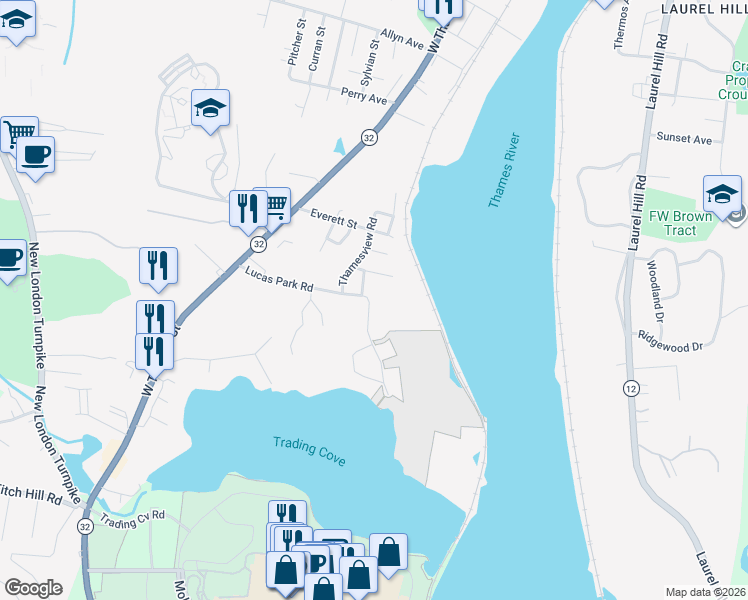 map of restaurants, bars, coffee shops, grocery stores, and more near 20 Waldo Road in Norwich