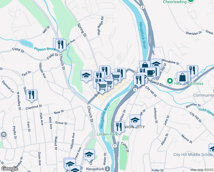 map of restaurants, bars, coffee shops, grocery stores, and more near 12 Spring Street in Naugatuck