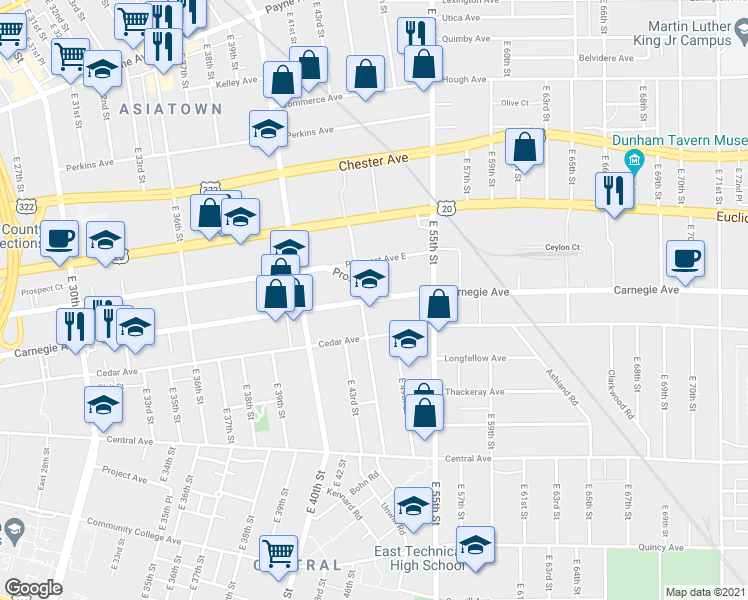 map of restaurants, bars, coffee shops, grocery stores, and more near Carnegie Avenue in Cleveland
