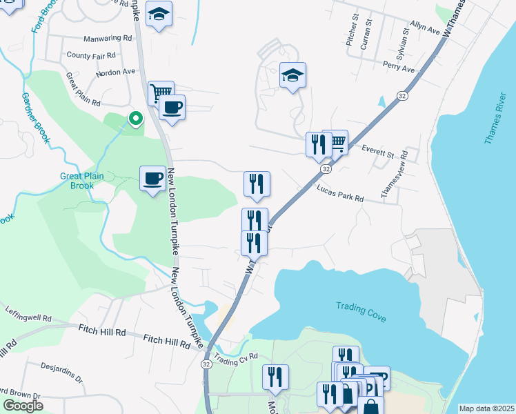 map of restaurants, bars, coffee shops, grocery stores, and more near 607 West Thames Street in Norwich