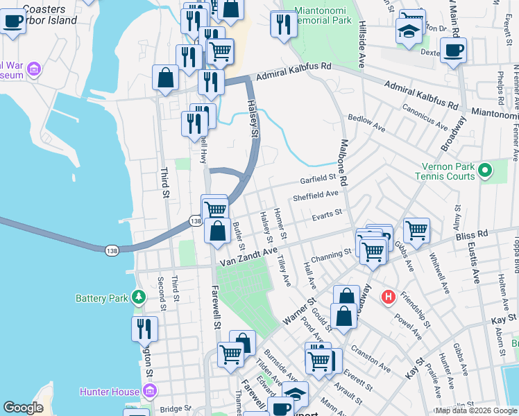map of restaurants, bars, coffee shops, grocery stores, and more near 76 Garfield Street in Newport