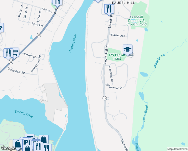 map of restaurants, bars, coffee shops, grocery stores, and more near 555 Laurel Hill Road in Norwich