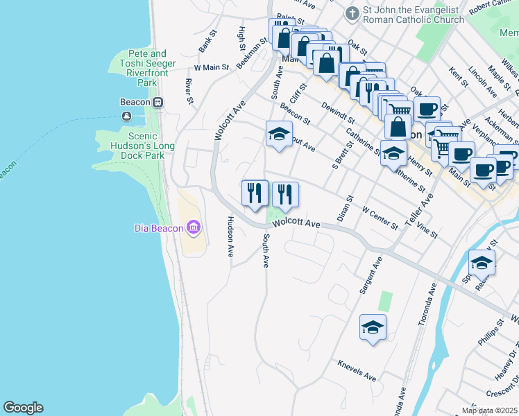 map of restaurants, bars, coffee shops, grocery stores, and more near 71 South Avenue in Beacon
