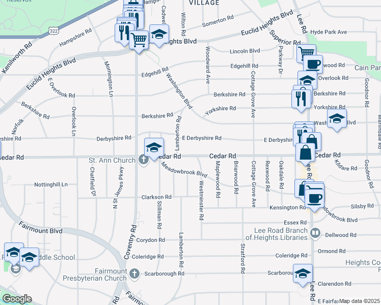 map of restaurants, bars, coffee shops, grocery stores, and more near 2121 Lamberton Road in Cleveland Heights