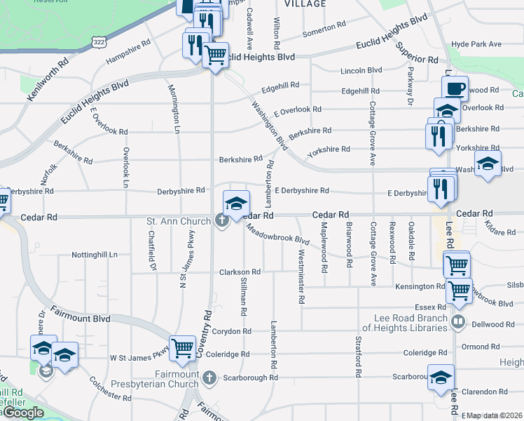 map of restaurants, bars, coffee shops, grocery stores, and more near 2113 Stillman Road in Cleveland Heights