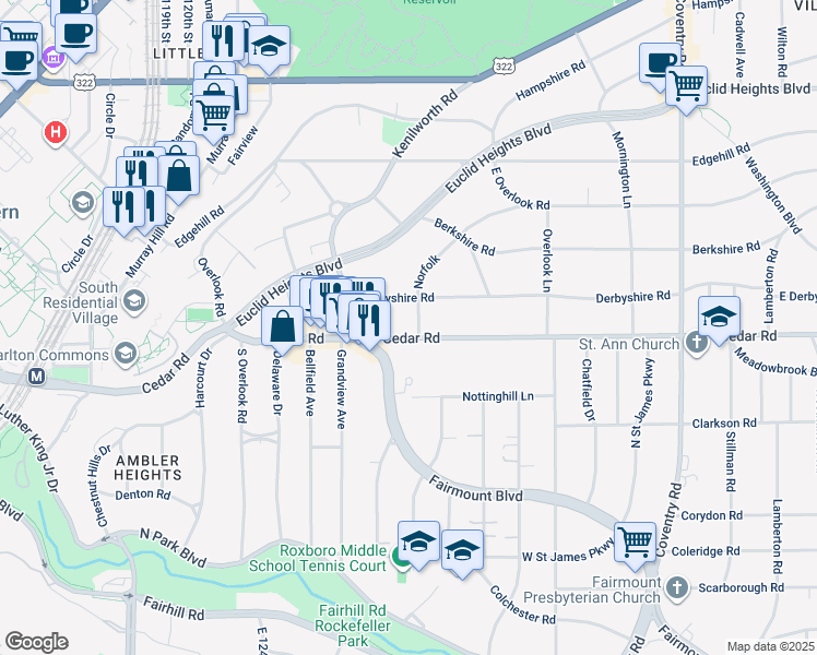 map of restaurants, bars, coffee shops, grocery stores, and more near 2500 Derbyshire Road in Cleveland Heights