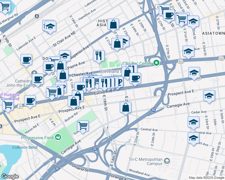 map of restaurants, bars, coffee shops, grocery stores, and more near 1801 Euclid Avenue in Cleveland