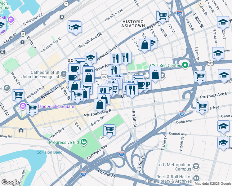 map of restaurants, bars, coffee shops, grocery stores, and more near 1511 Euclid Avenue in Cleveland