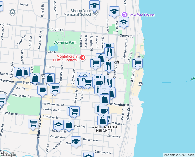 map of restaurants, bars, coffee shops, grocery stores, and more near 29 Lander Street in Newburgh