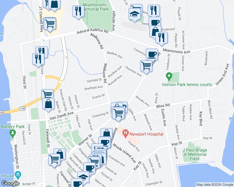 map of restaurants, bars, coffee shops, grocery stores, and more near 18 Madeline Drive in Newport