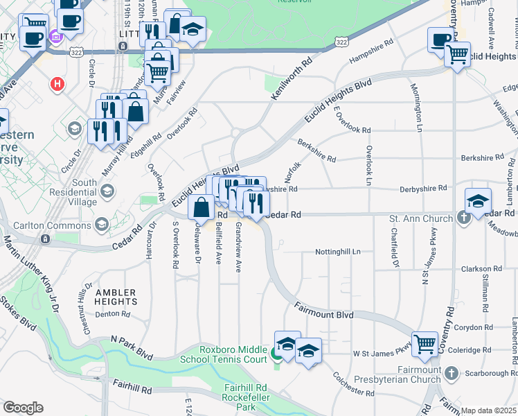 map of restaurants, bars, coffee shops, grocery stores, and more near in Cleveland Heights