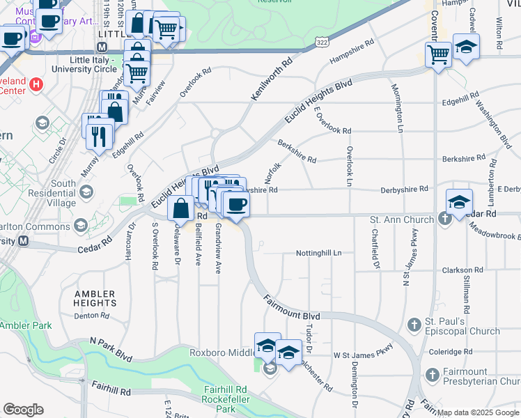 map of restaurants, bars, coffee shops, grocery stores, and more near 2500 Derbyshire Road in Cleveland Heights
