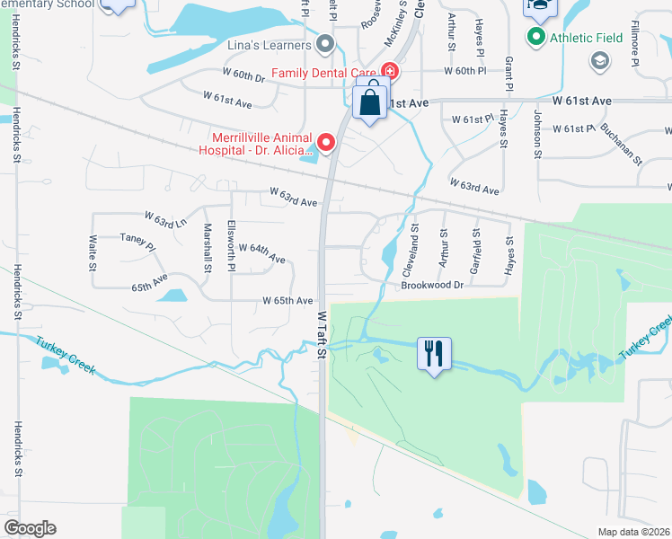 map of restaurants, bars, coffee shops, grocery stores, and more near 6465 Taft Street in Merrillville