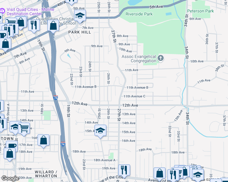 map of restaurants, bars, coffee shops, grocery stores, and more near 1169 26th Street A in Moline