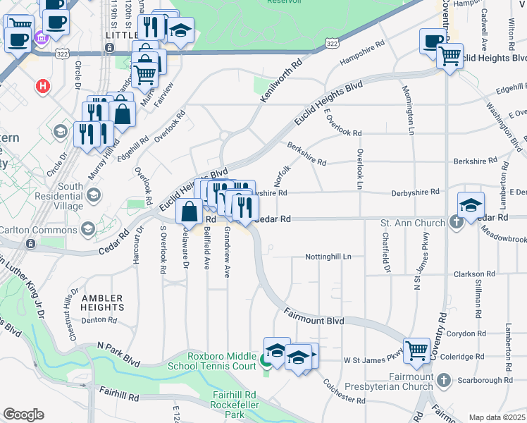 map of restaurants, bars, coffee shops, grocery stores, and more near 2500 Derbyshire Road in Cleveland Heights