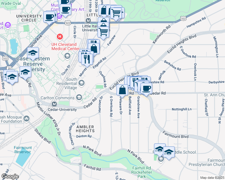 map of restaurants, bars, coffee shops, grocery stores, and more near 2330 Euclid Heights Boulevard in Cleveland