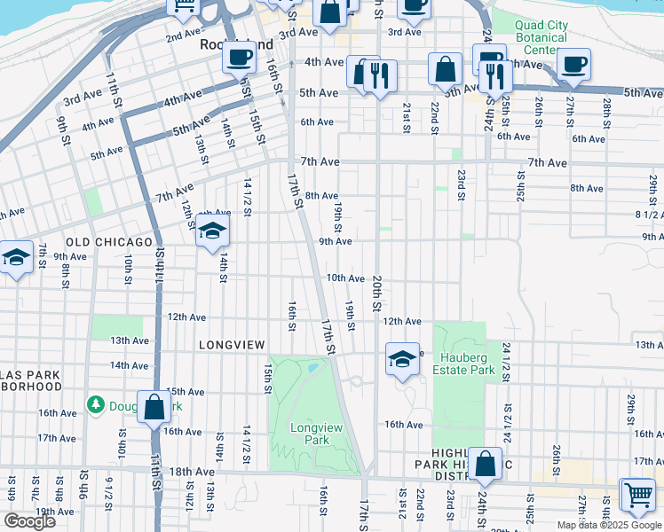 map of restaurants, bars, coffee shops, grocery stores, and more near 934 19th Street in Rock Island