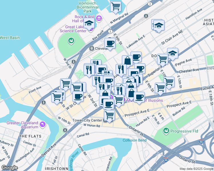 map of restaurants, bars, coffee shops, grocery stores, and more near 127 Public Square in Cleveland
