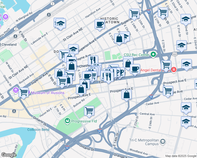 map of restaurants, bars, coffee shops, grocery stores, and more near 1860 East 18th Street in Cleveland