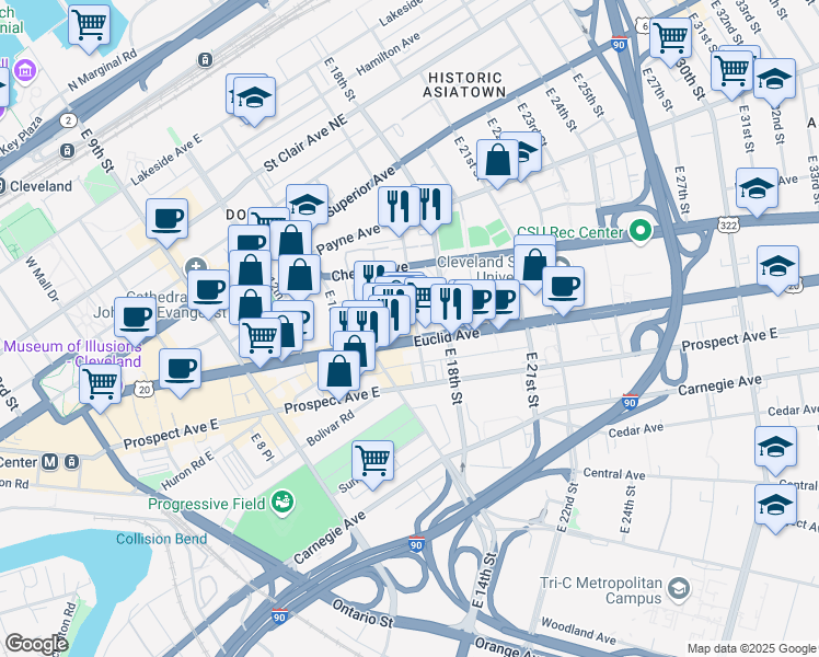 map of restaurants, bars, coffee shops, grocery stores, and more near 1511 Euclid Avenue in Cleveland