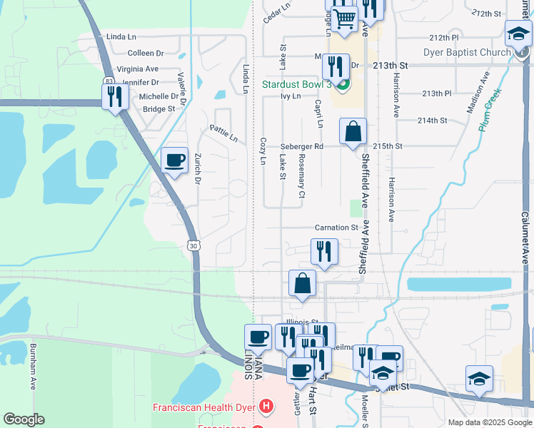 map of restaurants, bars, coffee shops, grocery stores, and more near 1620 Cozy Lane in Dyer