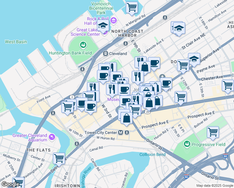 map of restaurants, bars, coffee shops, grocery stores, and more near 1 Saint Clair Avenue Northeast in Cleveland
