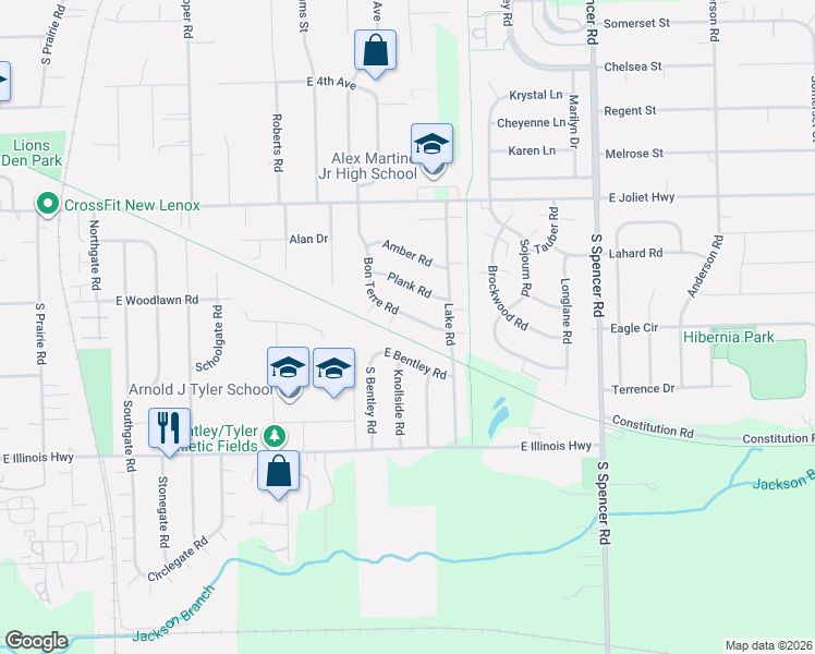 map of restaurants, bars, coffee shops, grocery stores, and more near 737 Bon Terre Road in New Lenox
