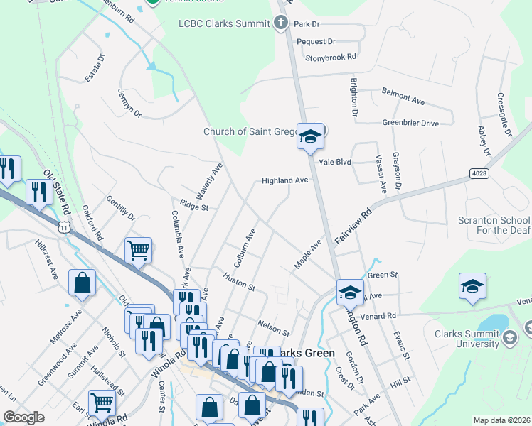 map of restaurants, bars, coffee shops, grocery stores, and more near 608 Birchwood Road in Clarks Green