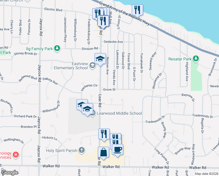 map of restaurants, bars, coffee shops, grocery stores, and more near 181 Norman Avenue in Avon Lake