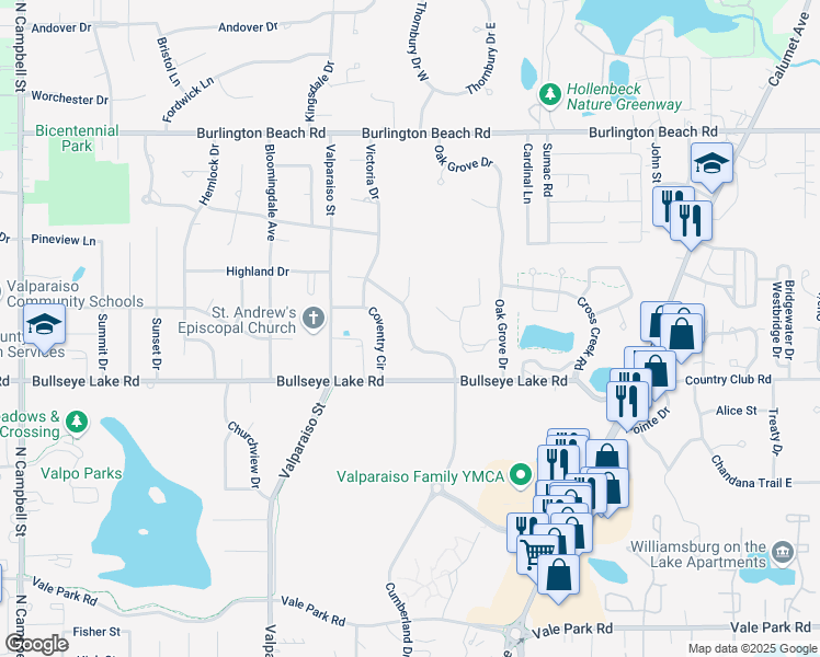 map of restaurants, bars, coffee shops, grocery stores, and more near 809 Hastings Terrace in Valparaiso