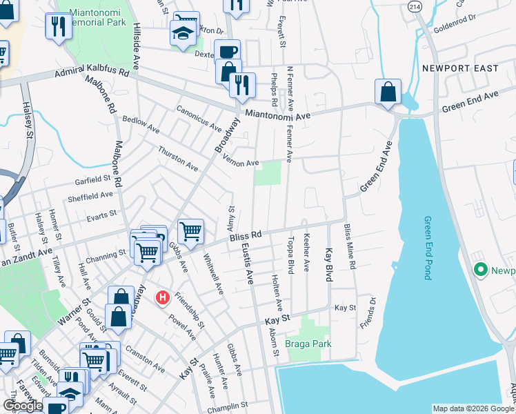 map of restaurants, bars, coffee shops, grocery stores, and more near 24 Freeborn Street in Newport