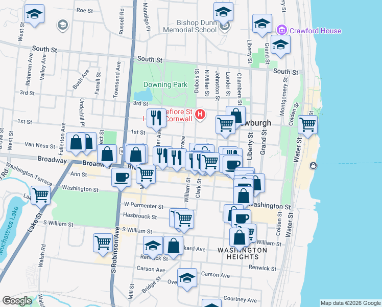 map of restaurants, bars, coffee shops, grocery stores, and more near 42 City Terrace in Newburgh